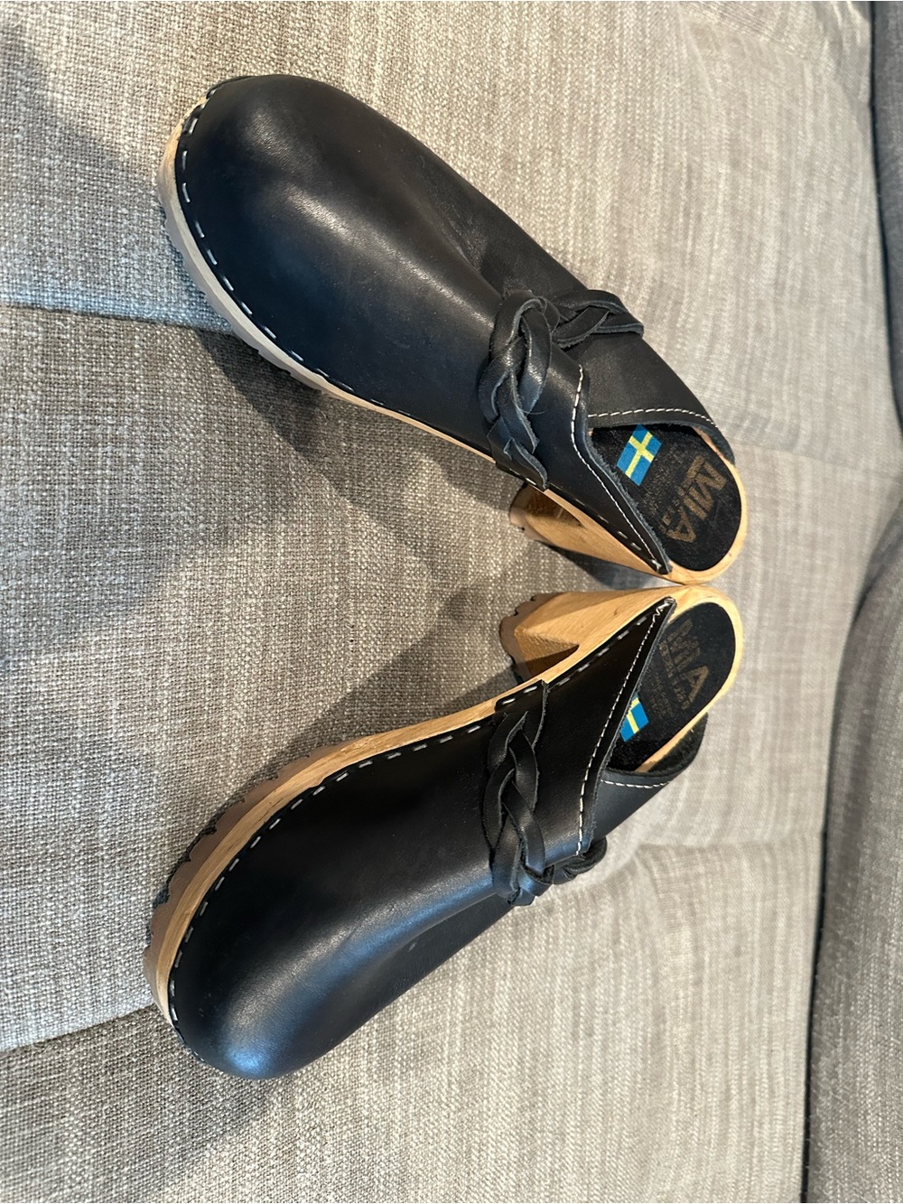 Swedish Leather and wood Black Clog Mules - Classic Slip-On